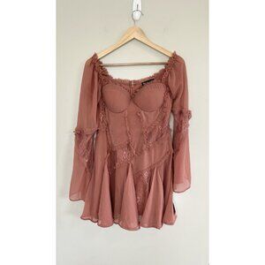 ASOS Dress Long Sleeve Corset‎ Patchwork Lace Chiffon Coquette Lace Pink Sz 10